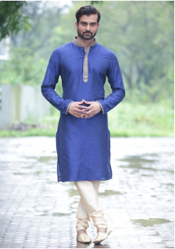 Blue With Golden Color Silk Fabric Kurta Set